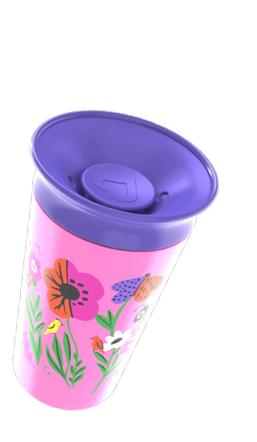 Vaso Munchkin con borde morado y diseño floral