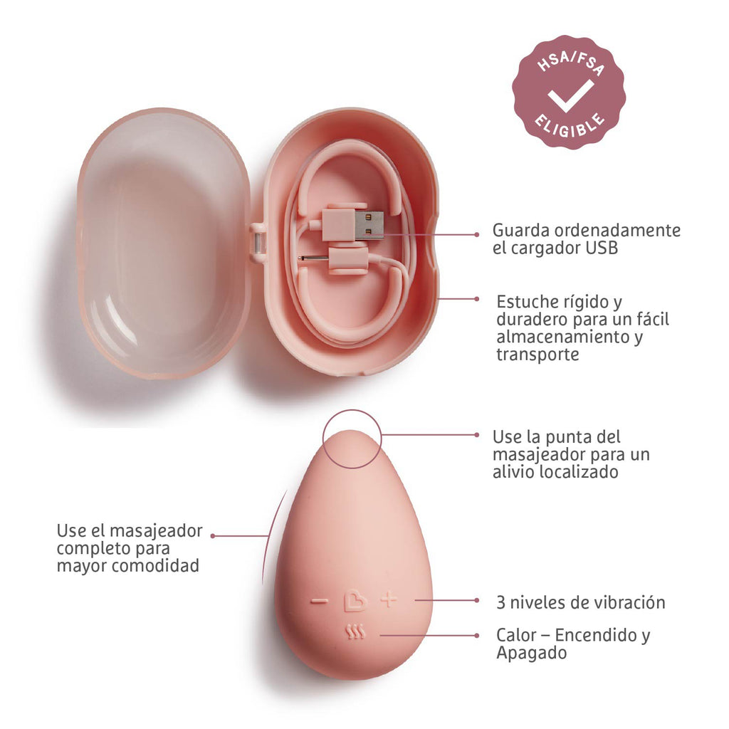Masajeador de lactancia Munchkin con estuche y detalles de sus funciones